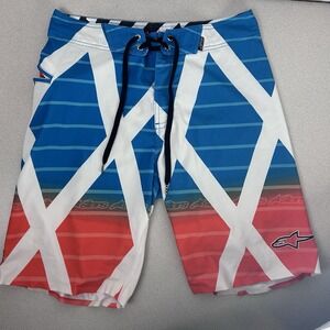 ALPINE STARS Mens Board Swim‎ Shorts Drawstring Orange Blue White 30" Waist